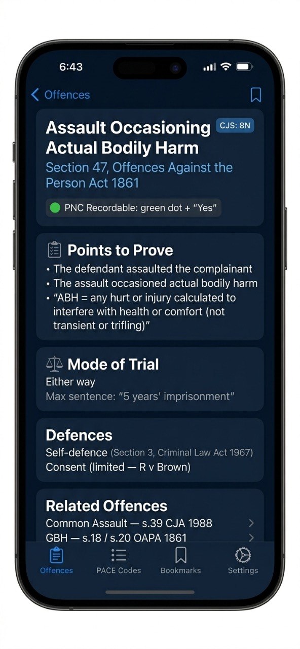 Section App — offence detail view with points to prove